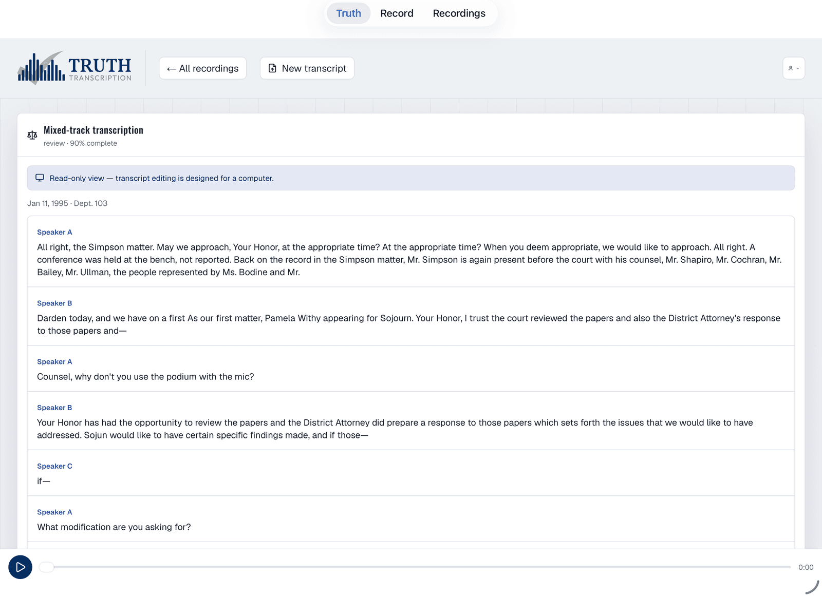 A finished transcript open on an iPad, with speaker turns and an audio play bar.